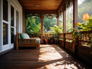 Wood veranda with an elegant interior design. AI Generation. - obrazy, fototapety, plakaty