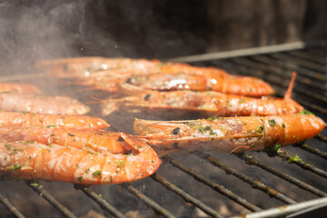 From above several gambones cooked on the grill