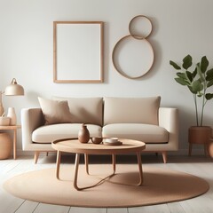 Beige sofa and wooden round coffee table against white wall, Scandinavian style home interior design of modern living room