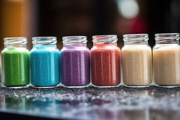 a row of jars containing different colored sands