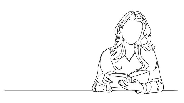 animated continuous single line drawing of woman sitting at table reading a book, line art animation