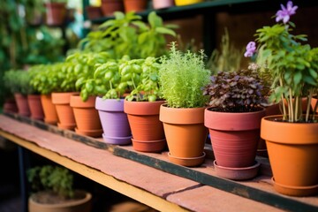 a row of colorful pots each holding a different herb