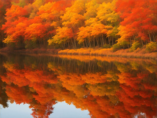 Cautivador paisaje otoñal donde las hojas de intensos rojos y naranjas flotan con gracia en la tranquila superficie de un estanque. IA Generativa