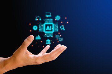 Artificial intelligence concept. Hand holding Ai and circuit board technology with icons such as laptop, bank, searching, data chat and music on blue background. Innovation and idea.