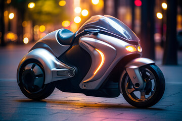 A futuristic unreal electric motorcycle parked on a street at night