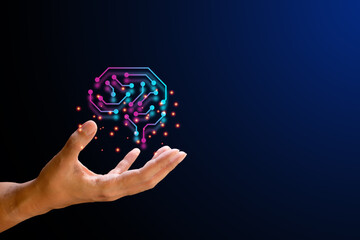 Artificial intelligence concept. Hand holding Ai and brain circuit board technology on blue background. Innovation and idea.