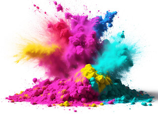 Explosión de polvo multicolor de pintura holi sobre un fondo blanco. Vista de frente y de cerca. Copy space.  IA Generativa