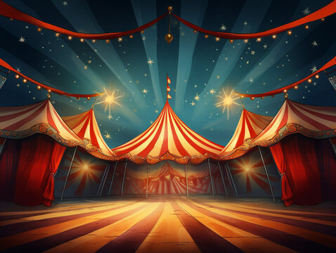 A vibrant and colorful circus tent with a vintage flair, standing tall against a blue sky.