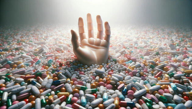 Mano abierta emergiendo de una superficie cubierta de medicamentos