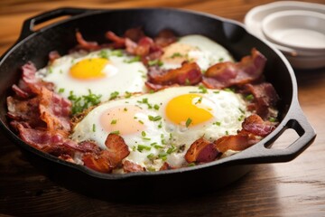 cast-iron skillet with fried eggs and bacon