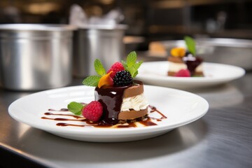 perfectly plated dessert dish on a restaurant-grade kitchen counter