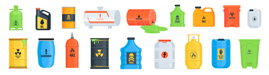Flammable waste set. Container with chemical explosive substance, fuel barrel, nuclear liquid. Toxic chemical, ector illustration
