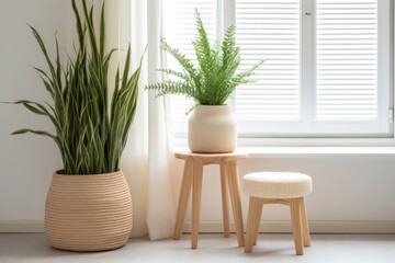 bright room with large window, a wooden stool and a plant