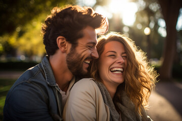 Naklejka premium Lifestyles, relationship and multicultural concept. Happy young and beautiful couple walking and laughing in public park. Joyful mood. Outdoors park and nature in background. Generative AI