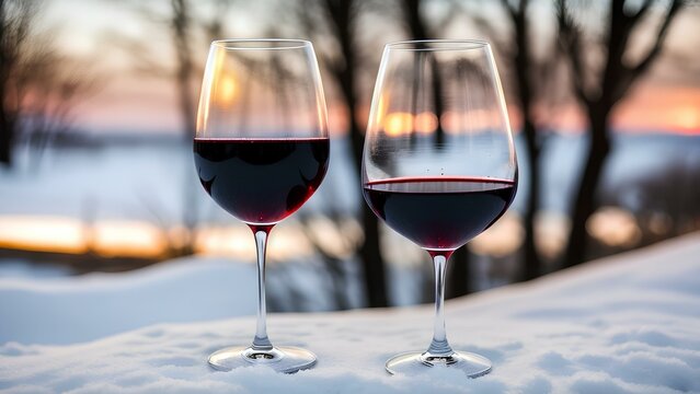 glasses of wine in the snow background