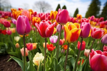 Naklejka premium closely grown field of multicolored tulips