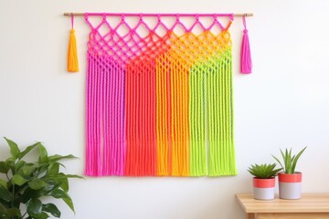 neon-coloured macrame wall hanging on a white wall