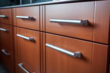 stainless steel handles installed on wooden kitchen cabinets