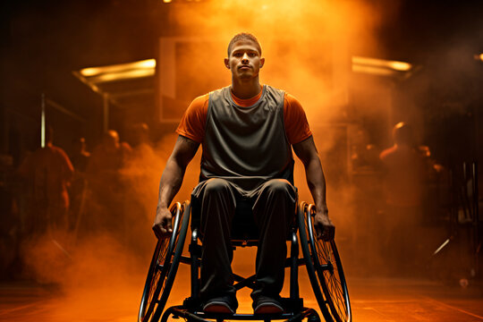 Dramatic magazine portrait of a disabled paralympic male athlete on a wheelchair, basketball player, looking front to the camera. Orange and black smoke background 