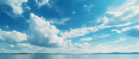 Fototapeta na wymiar Wide view of lake. Cloudy blue-sky. Background concept.