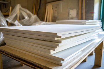 stack of gypsum boards in a home renovation site