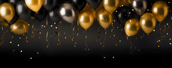 Festive black and gold balloons on a black background banner celebration theme