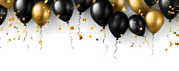 Festive black and gold balloons on a black background banner celebration theme - obrazy, fototapety, plakaty