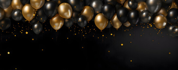 Festive black and gold balloons on a black background banner celebration theme