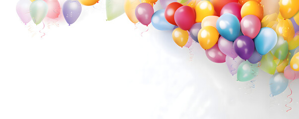 Festive rainbow color balloons and confetti on a white background banner celebration theme