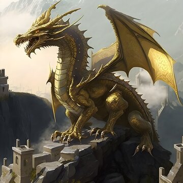 A majestic Elder Wyrm Golden Dragon resting atop the castle its golden scales gleaming brilliantly in the sunlight Its powerful wings each one the size of a small boat are folded neatly against its 