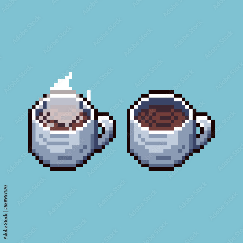 Poster pixel art sets of cup of coffee with variation color item asset. simple bits of cup of coffee fresh 