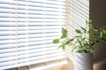 indoor shot of white venetian blinds reducing sunlight