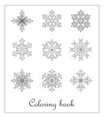 Coloring book for children with different types of snowflakes in thin frame with signature