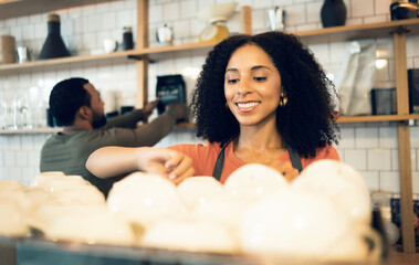 Happy woman, barista and coffee at cafe for drink, beverage or breakfast at retail store or shop....