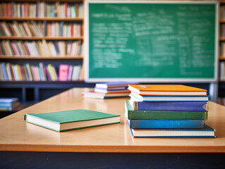 A close-up view of books, pens, and a blackboard in a classroom setting with sunlight streaming in.
