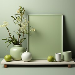 Creative still life with a combination of different shades of green. Vase with a blooming green branch, green apples, candle, cups, rectangular tray. Lifestyle and healthy concept.