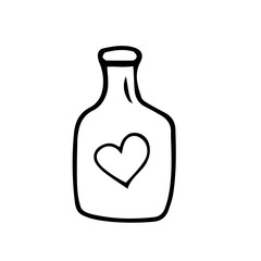 bottle with a romantic potion. Vector hand-drawn doodles. Outline, icon, sketch, design, template, clipart.