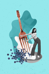 Vertical collage picture of excited mini black white colors girl dancing big fork guitar...