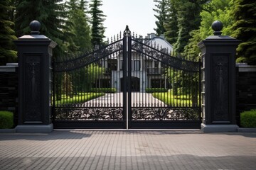 massive iron gate at a mansions entrance - obrazy, fototapety, plakaty