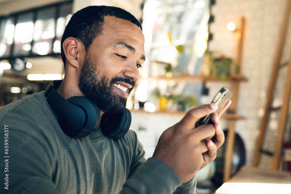 Poster Man, relax in cafe with smartphone and typing text or email, social media and online communication. Break at coffee shop, mobile app and scroll internet, search engine and chat with smile and tech