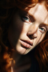Fototapeta premium Close-up of a beautiful red-haired girl with a light and shadow pattern on her face