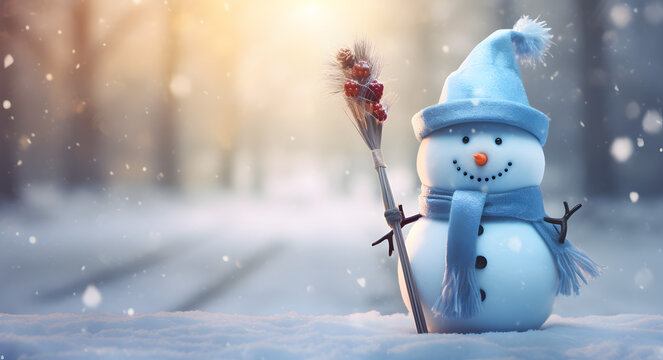 Snowman With Blue Scarf and Hat Holding a Broom on a Snowy Day