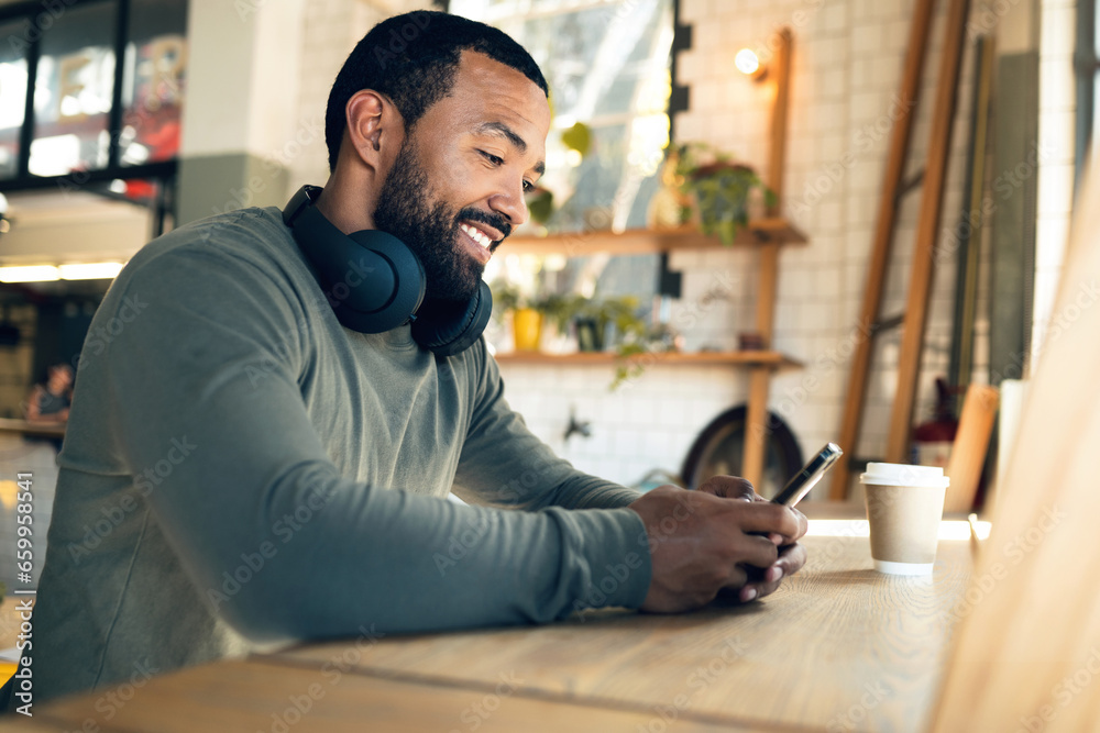 Aufkleber Man, relax in coffee shop with smartphone and typing text or email, social media and online communication. Break at cafe, mobile app and scroll internet, search engine and chat with smile and tech