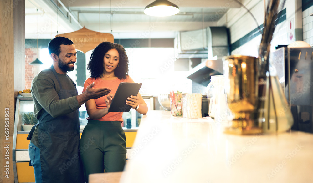 Canvas Prints Coffee shop, teamwork and man with a woman and tablet for online orders, retail information and advice. Happy, ecommerce and a business owner with a waiter and technology reading review on the web