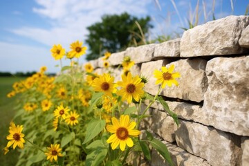 sunflowers in full bloom against a plain stone wall