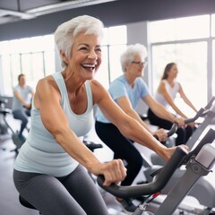 Smiling happy healthy fit slim senior woman with grey hair practising indoors sport with group of people on an exercise bike in gym. - obrazy, fototapety, plakaty