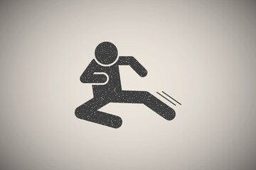 Fototapeta na wymiar Flying man kick icon vector illustration in stamp style