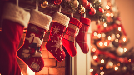 Stockings over the fireplace and Christmas tree, Christmas background. - obrazy, fototapety, plakaty