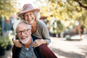 woman man outdoor senior couple happy lifestyle retirement together smiling love fun elderly active vitality nature mature portrait piggyback game