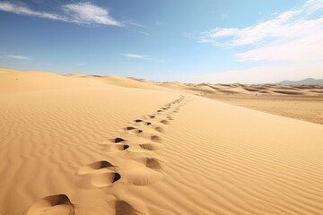 footprints in desert sand leading into the horizon - Powered by Adobe